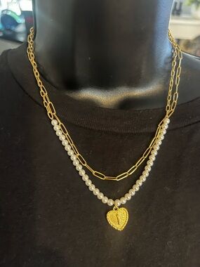 Gold & White Pearl Heart Layered Necklace - Women Jewelry you get 2 necklaces!